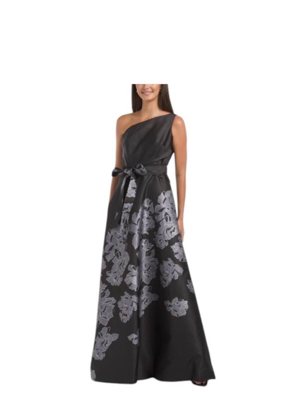 Rene Ruiz One-Shoulder Black Dress with Silver Floral Jacquard